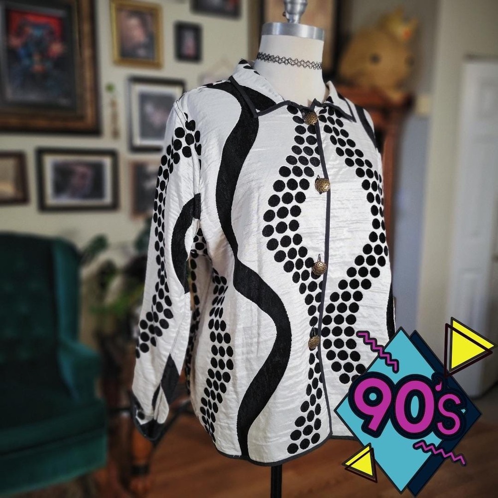Irresistible Reversibles Jacket Vintage 90s Black White Geometric Dot‎ Print Art
